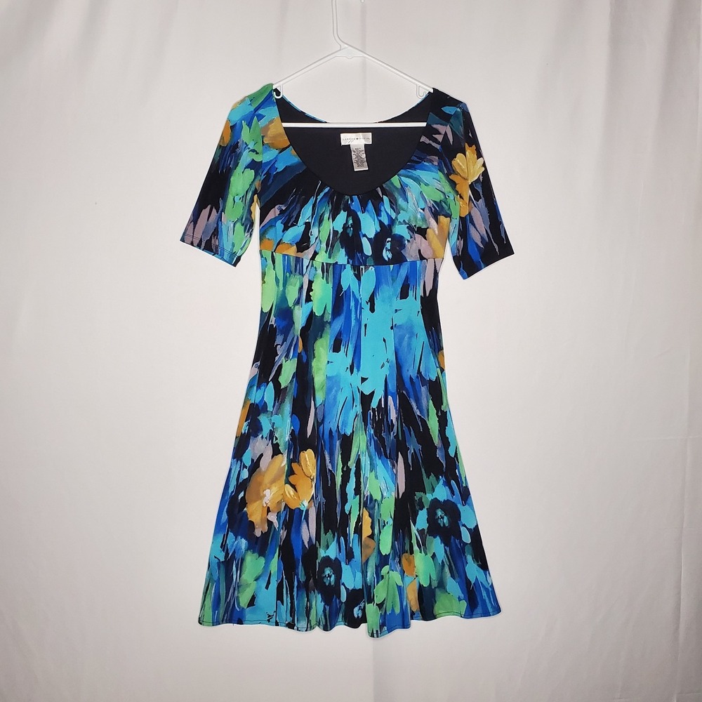 London Style Vtg Empire‎ Dress 4 Blue Artsy Watercolor Mermaid Forest Fairy Y2K